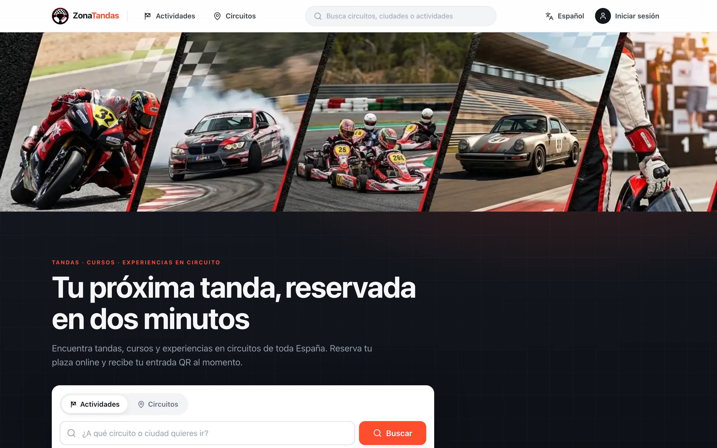 Portada de zonatandas.es, con el buscador de tandas